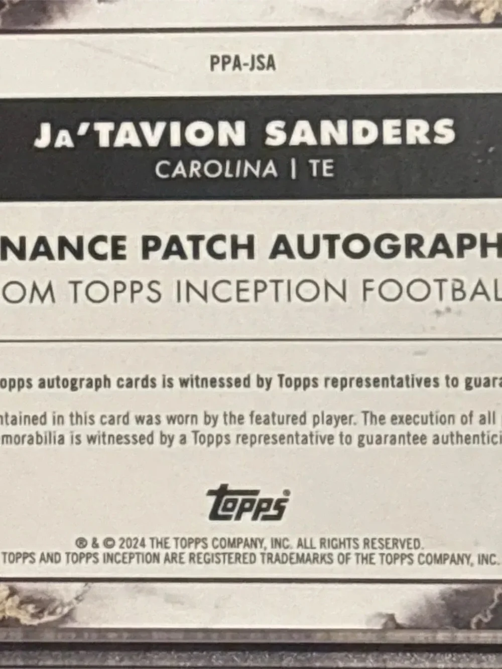Topps Inception Ja’Tavion Sanders Rookie Football Card - Mem - Auto - LE 27/50